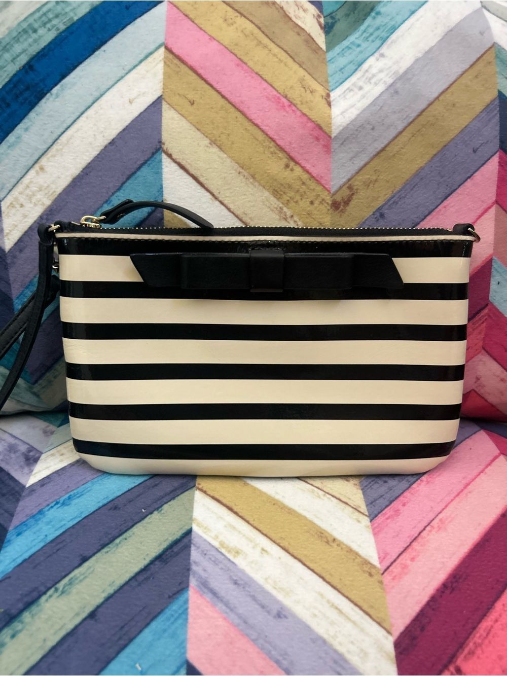 Kate Spade Lolly Chelsea Park Patent Leather Stripe Black/ Cream Wristlet Clutch